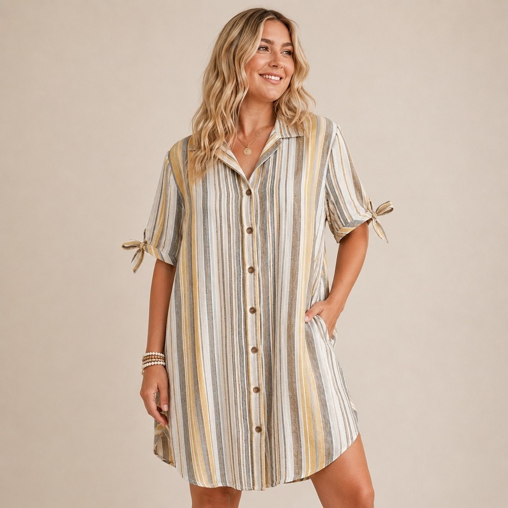 Mlle Gabrielle Shirt Dress Size Plus 3XL Striped 100% Cotton Yellow Gray White